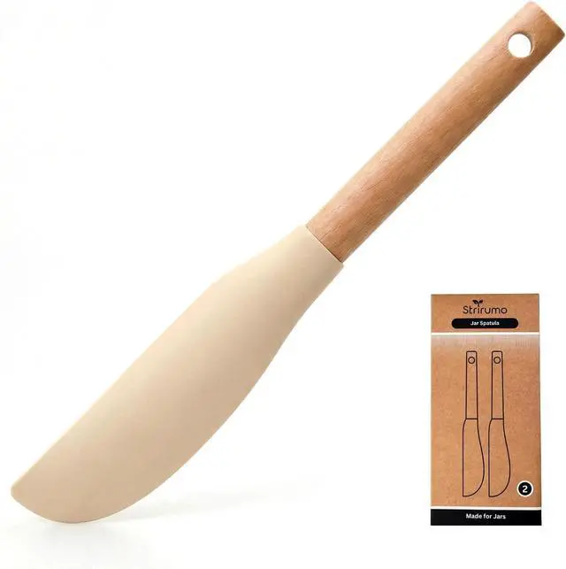 Main image of 2Pcs 10.7" Silicone Jar Spatula with Natural Beechwood Handle, Removable Flexible Scraper Head for Deep Jars, Thick Non-Stick Small Spatula for Sourdough, Peanut Butter, Blenders & Baking, Cream