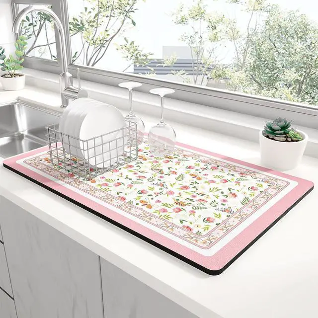Main image of Rnivvi Dish Drying Mat for Kitchen Counter, 12 x 19" Cute Flower Theme Super Absorbent Draining Pad, Non-Slip Heat Resistant Coffee Bar Mats for Coffee Machine Station Accessories, Pink Dish Rack Pad
