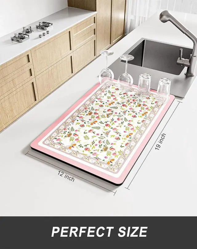 Alt view image 2 of 7 - Rnivvi Dish Drying Mat for Kitchen Counter, 12 x 19" Cute Flower Theme Super Absorbent Draining Pad, Non-Slip Heat Resistant Coffee Bar Mats for Coffee Machine Station Accessories, Pink Dish Rack Pad