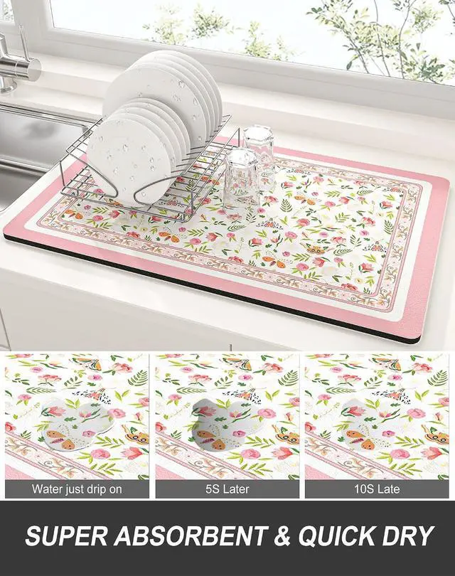 Alt view image 3 of 7 - Rnivvi Dish Drying Mat for Kitchen Counter, 12 x 19" Cute Flower Theme Super Absorbent Draining Pad, Non-Slip Heat Resistant Coffee Bar Mats for Coffee Machine Station Accessories, Pink Dish Rack Pad