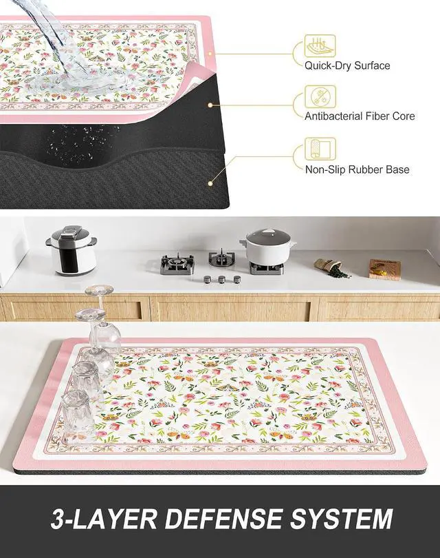 Alt view image 4 of 7 - Rnivvi Dish Drying Mat for Kitchen Counter, 12 x 19" Cute Flower Theme Super Absorbent Draining Pad, Non-Slip Heat Resistant Coffee Bar Mats for Coffee Machine Station Accessories, Pink Dish Rack Pad