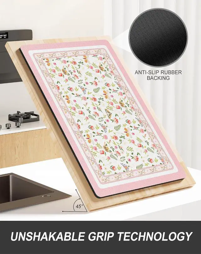 Alt view image 5 of 7 - Rnivvi Dish Drying Mat for Kitchen Counter, 12 x 19" Cute Flower Theme Super Absorbent Draining Pad, Non-Slip Heat Resistant Coffee Bar Mats for Coffee Machine Station Accessories, Pink Dish Rack Pad