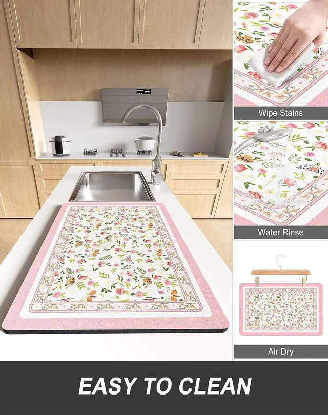 Alt view image 6 of 7 - Rnivvi Dish Drying Mat for Kitchen Counter, 12 x 19" Cute Flower Theme Super Absorbent Draining Pad, Non-Slip Heat Resistant Coffee Bar Mats for Coffee Machine Station Accessories, Pink Dish Rack Pad