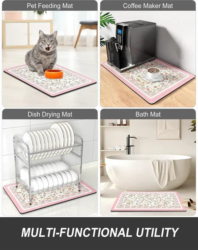 Alt view image 7 of 7 - Rnivvi Dish Drying Mat for Kitchen Counter, 12 x 19" Cute Flower Theme Super Absorbent Draining Pad, Non-Slip Heat Resistant Coffee Bar Mats for Coffee Machine Station Accessories, Pink Dish Rack Pad