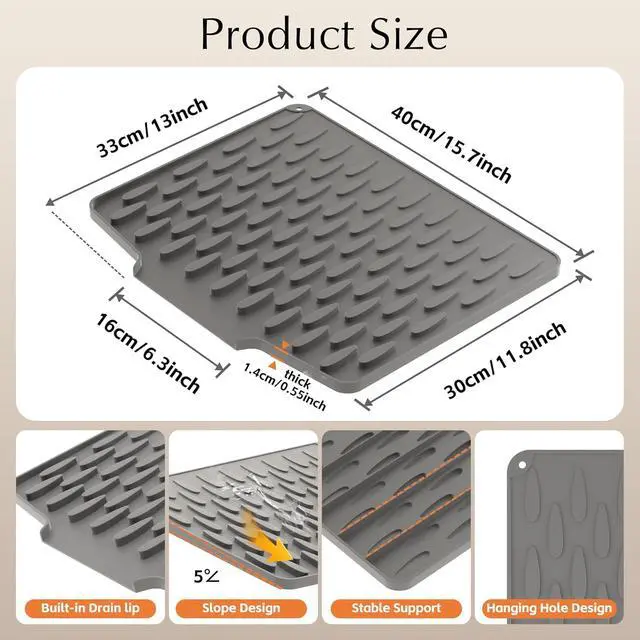 Alt view image 2 of 7 - Silicone Dish Drying Mat for Kitchen Counter or Sink with Built-in Drain Lip, Non-Slip Quick Drying Mat, Easy to Clean, Heat Resistant Drying Matt, 15.7" x 13", Grey