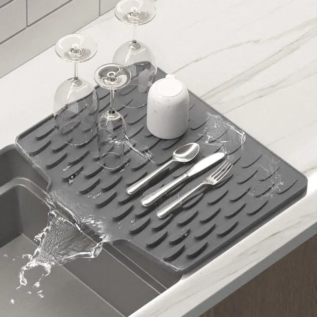 Main image of Silicone Dish Drying Mat for Kitchen Counter or Sink with Built-in Drain Lip, Non-Slip Quick Drying Mat, Easy to Clean, Heat Resistant Drying Matt, 15.7" x 13", Grey
