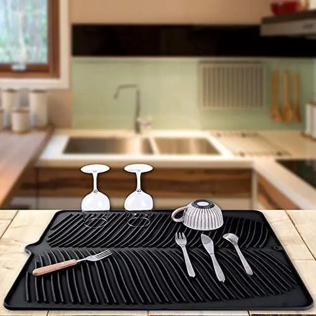 Alt view image 3 of 7 - 100% Waterproof BPA Free Silicone Dish Drying Mat - 24" x 18" x 0.3" Large Drainer Mat Protection Heat Resistant Trivet Counter Top Mat Sink Non Slip Dish Draining Mat Dish Washer (S, Black)