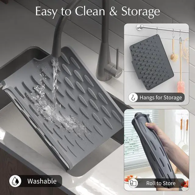 Alt view image 6 of 7 - Silicone Dish Drying Mat for Kitchen Counter or Sink with Built-in Drain Lip, Non-Slip Quick Drying Mat, Easy to Clean, Heat Resistant Drying Matt, 15.7" x 13", Grey