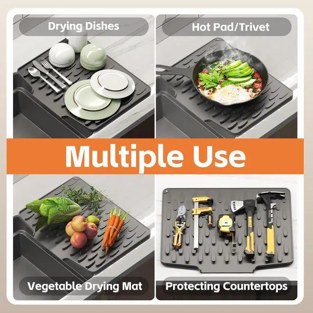 Alt view image 7 of 7 - Silicone Dish Drying Mat for Kitchen Counter or Sink with Built-in Drain Lip, Non-Slip Quick Drying Mat, Easy to Clean, Heat Resistant Drying Matt, 15.7" x 13", Grey