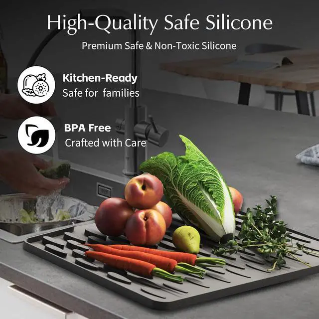 Alt view image 4 of 7 - Silicone Dish Drying Mat for Kitchen Counter or Sink with Built-in Drain Lip, Non-Slip Quick Drying Mat, Easy to Clean, Heat Resistant Drying Matt, 15.7" x 13", Grey