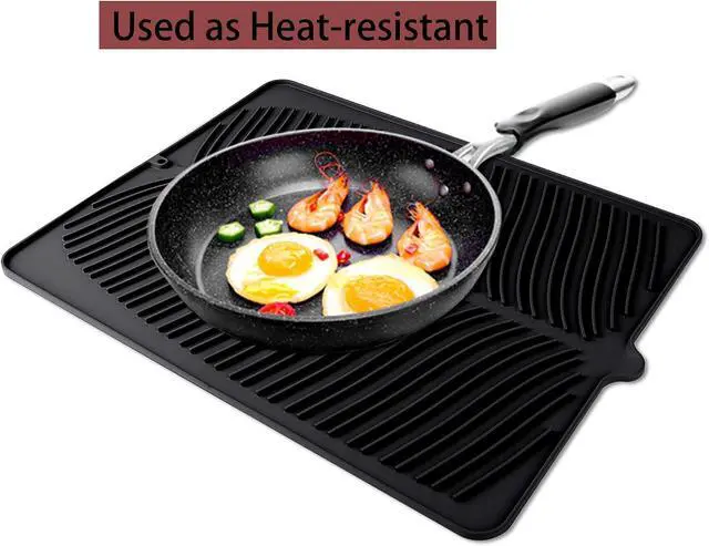 Alt view image 6 of 7 - 100% Waterproof BPA Free Silicone Dish Drying Mat - 24" x 18" x 0.3" Large Drainer Mat Protection Heat Resistant Trivet Counter Top Mat Sink Non Slip Dish Draining Mat Dish Washer (S, Black)