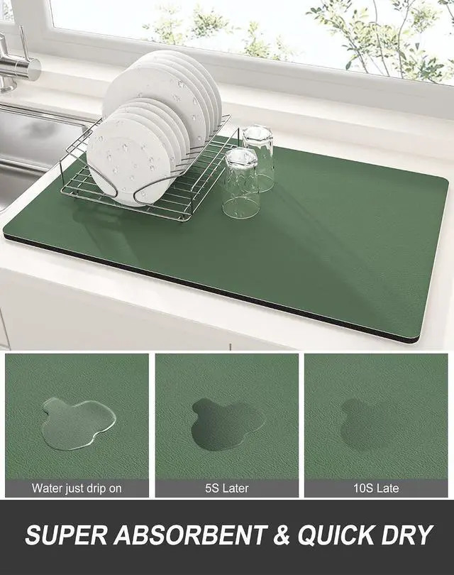 Alt view image 3 of 7 - Rnivvi Dish Drying Mat for Kitchen Counter, 12 x 19" Super Absorbent Drainer Pad Easy Clean Dish Rack Pad, Non-Slip Heat Resistant Coffee Bar Mats for Coffee Machine Station Accessories, Forest Green