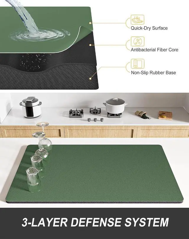 Alt view image 4 of 7 - Rnivvi Dish Drying Mat for Kitchen Counter, 12 x 19" Super Absorbent Drainer Pad Easy Clean Dish Rack Pad, Non-Slip Heat Resistant Coffee Bar Mats for Coffee Machine Station Accessories, Forest Green
