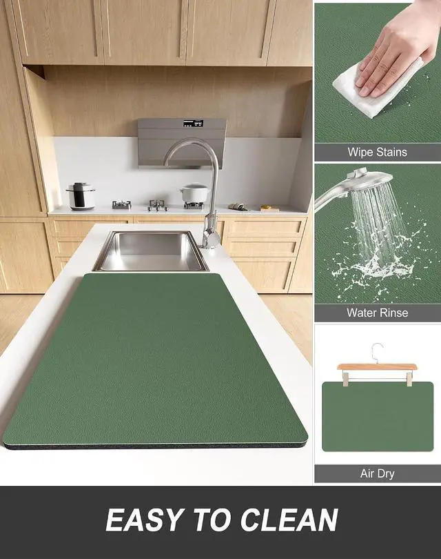 Alt view image 6 of 7 - Rnivvi Dish Drying Mat for Kitchen Counter, 12 x 19" Super Absorbent Drainer Pad Easy Clean Dish Rack Pad, Non-Slip Heat Resistant Coffee Bar Mats for Coffee Machine Station Accessories, Forest Green