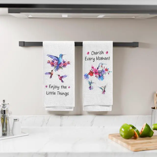 Alt view image 3 of 6 - Hummingbird Gifts for Women Spring Kitchen Towels, Hummingbird Kitchen Decor Dish Hand Tea Towels, 15.35 x 23.62 Inch Funny Flower Bird Towel for Bathroom Set of 2 (Style A)