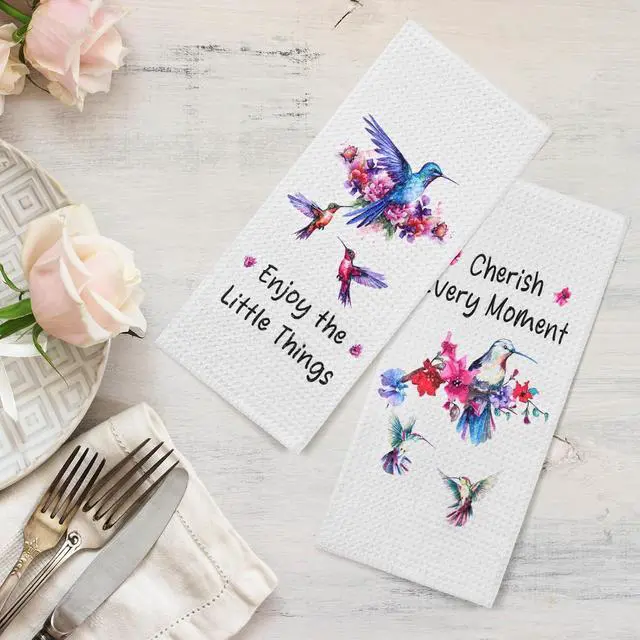 Alt view image 5 of 6 - Hummingbird Gifts for Women Spring Kitchen Towels, Hummingbird Kitchen Decor Dish Hand Tea Towels, 15.35 x 23.62 Inch Funny Flower Bird Towel for Bathroom Set of 2 (Style A)