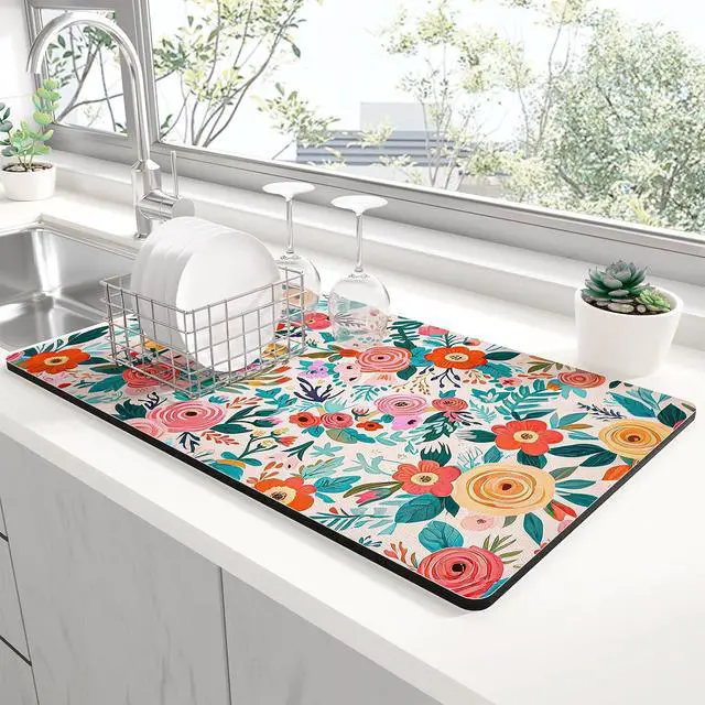 Main image of Rnivvi Dish Drying Mat for Kitchen Counter, 12 x 19" Cute Flower Super Absorbent Draining Pad, Non-Slip Heat Resistant Coffee Bar Mats for Coffee Machine Station Accessories, Colorful Dish Rack Pad