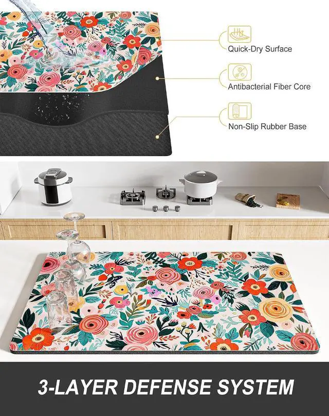 Alt view image 4 of 6 - Rnivvi Dish Drying Mat for Kitchen Counter, 12 x 19" Cute Flower Super Absorbent Draining Pad, Non-Slip Heat Resistant Coffee Bar Mats for Coffee Machine Station Accessories, Colorful Dish Rack Pad