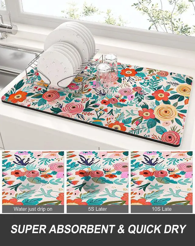 Alt view image 3 of 6 - Rnivvi Dish Drying Mat for Kitchen Counter, 12 x 19" Cute Flower Super Absorbent Draining Pad, Non-Slip Heat Resistant Coffee Bar Mats for Coffee Machine Station Accessories, Colorful Dish Rack Pad