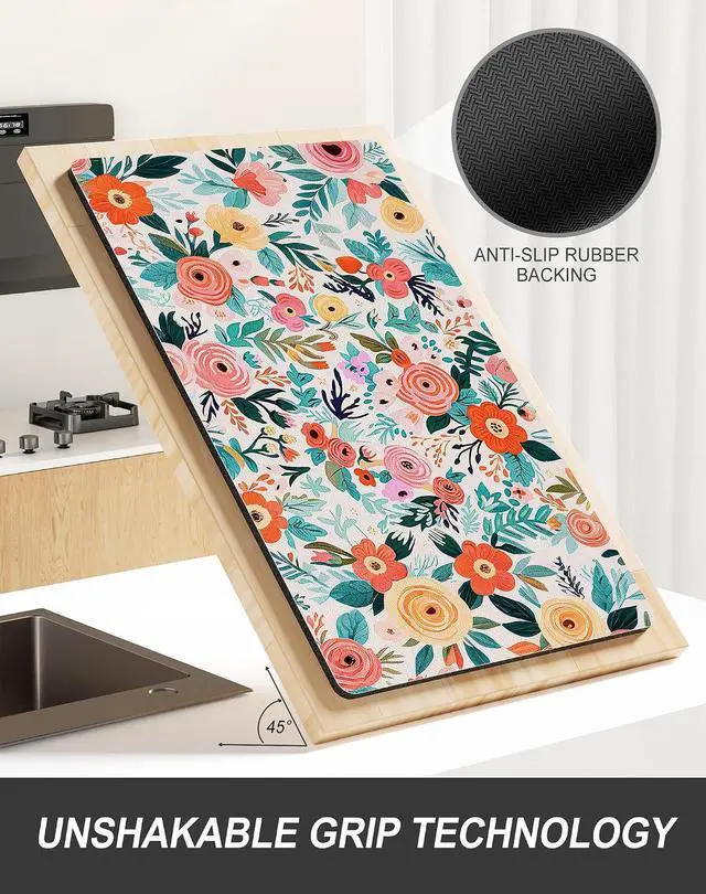Alt view image 5 of 6 - Rnivvi Dish Drying Mat for Kitchen Counter, 12 x 19" Cute Flower Super Absorbent Draining Pad, Non-Slip Heat Resistant Coffee Bar Mats for Coffee Machine Station Accessories, Colorful Dish Rack Pad