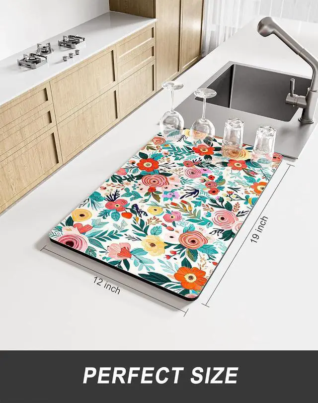 Alt view image 2 of 6 - Rnivvi Dish Drying Mat for Kitchen Counter, 12 x 19" Cute Flower Super Absorbent Draining Pad, Non-Slip Heat Resistant Coffee Bar Mats for Coffee Machine Station Accessories, Colorful Dish Rack Pad