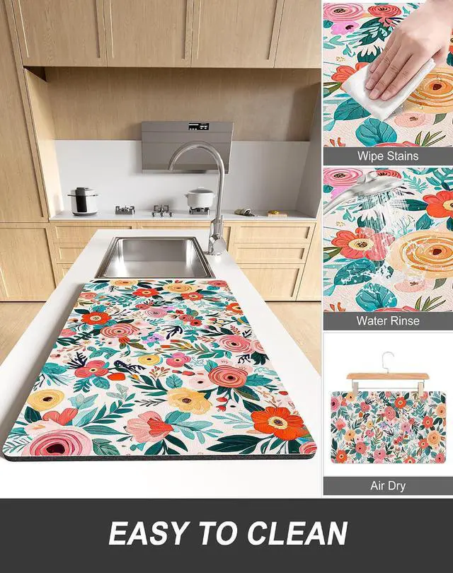 Alt view image 6 of 6 - Rnivvi Dish Drying Mat for Kitchen Counter, 12 x 19" Cute Flower Super Absorbent Draining Pad, Non-Slip Heat Resistant Coffee Bar Mats for Coffee Machine Station Accessories, Colorful Dish Rack Pad