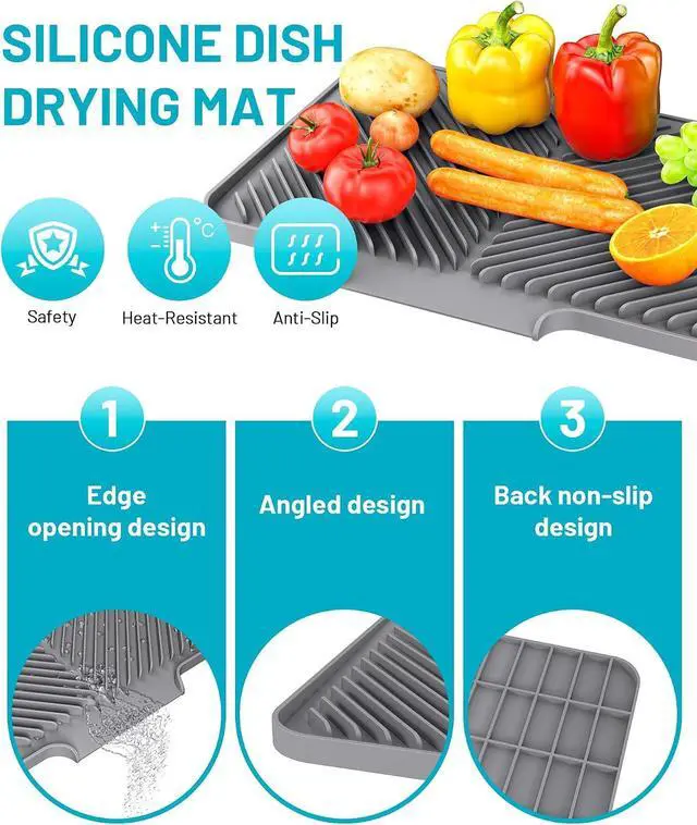 Alt view image 2 of 7 - Dish Drying Mat Kitchen Counter - Silicone Dish Drying Pad with Built-in Drain for Sink, Refrigerator and Drawer Liner, Easy Clean, Non-Slip, Heat Resistant, 14.8" x 10.7"