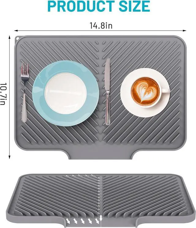 Alt view image 3 of 7 - Dish Drying Mat Kitchen Counter - Silicone Dish Drying Pad with Built-in Drain for Sink, Refrigerator and Drawer Liner, Easy Clean, Non-Slip, Heat Resistant, 14.8" x 10.7"