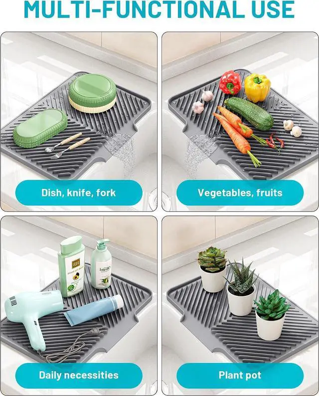 Alt view image 6 of 7 - Dish Drying Mat Kitchen Counter - Silicone Dish Drying Pad with Built-in Drain for Sink, Refrigerator and Drawer Liner, Easy Clean, Non-Slip, Heat Resistant, 14.8" x 10.7"