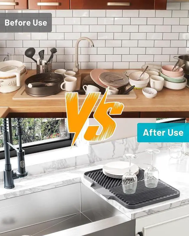 Alt view image 7 of 7 - Dish Drying Mat Kitchen Counter - Silicone Dish Drying Pad with Built-in Drain for Sink, Refrigerator and Drawer Liner, Easy Clean, Non-Slip, Heat Resistant, 14.8" x 10.7"