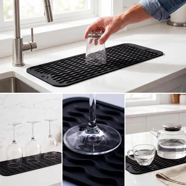 Alt view image 4 of 7 - MicoYang Silicone Dish Drying Mat for Multiple Usage,Easy clean,Eco-friendly,Heat-resistant Silicone Mat for Kitchen Counter,Sink,Bar,Bottle,or Cup Black M 17 inches x 6 inches