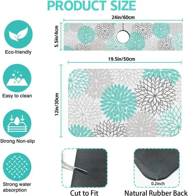Alt view image 2 of 6 - Dish Drying Mat for Kitchen Counter Matt, 2PCS 19"x12" Dish Drainer Mat & 24"x5.5" Sink Splash Guard, Super Absorbent Non-slip Rubber Backed