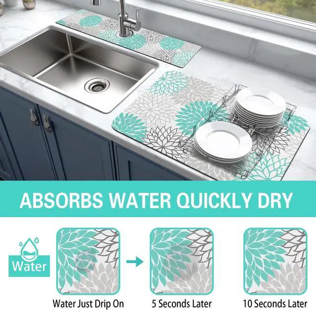Alt view image 3 of 6 - Dish Drying Mat for Kitchen Counter Matt, 2PCS 19"x12" Dish Drainer Mat & 24"x5.5" Sink Splash Guard, Super Absorbent Non-slip Rubber Backed