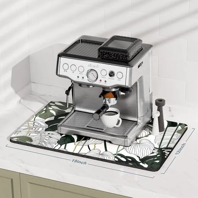 Alt view image 2 of 7 - Rnivvi Coffee Mat, 12" x 19" Cute Coffee Bar Mats for Espresso Machine Station Accessories and Organizer, Hide Stain Rubber Backed Absorbent Dish Drying Pad for Kitchen Counter, Tropical Leaves