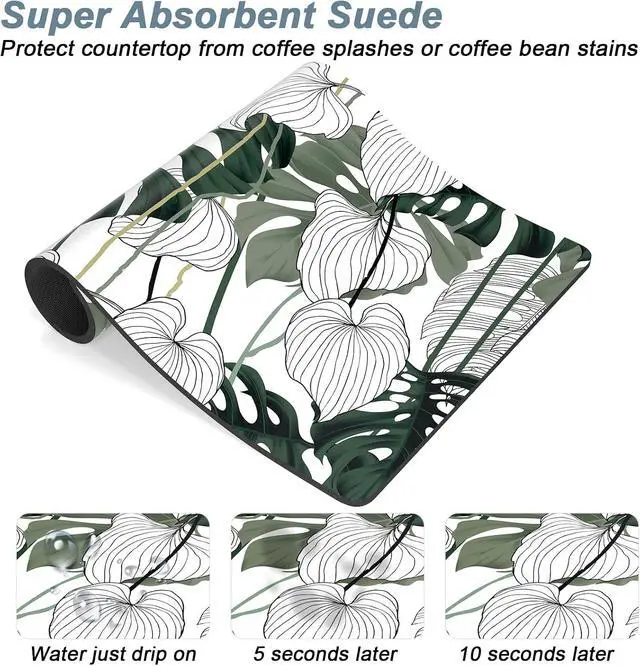 Alt view image 3 of 7 - Rnivvi Coffee Mat, 12" x 19" Cute Coffee Bar Mats for Espresso Machine Station Accessories and Organizer, Hide Stain Rubber Backed Absorbent Dish Drying Pad for Kitchen Counter, Tropical Leaves