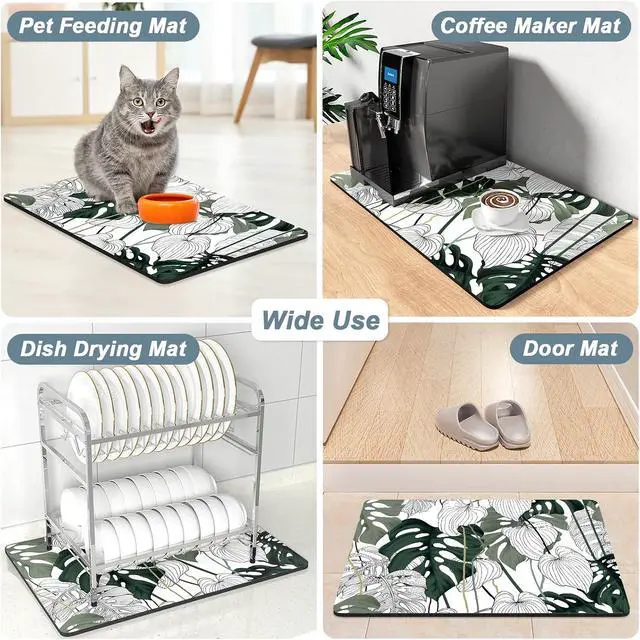 Alt view image 7 of 7 - Rnivvi Coffee Mat, 12" x 19" Cute Coffee Bar Mats for Espresso Machine Station Accessories and Organizer, Hide Stain Rubber Backed Absorbent Dish Drying Pad for Kitchen Counter, Tropical Leaves
