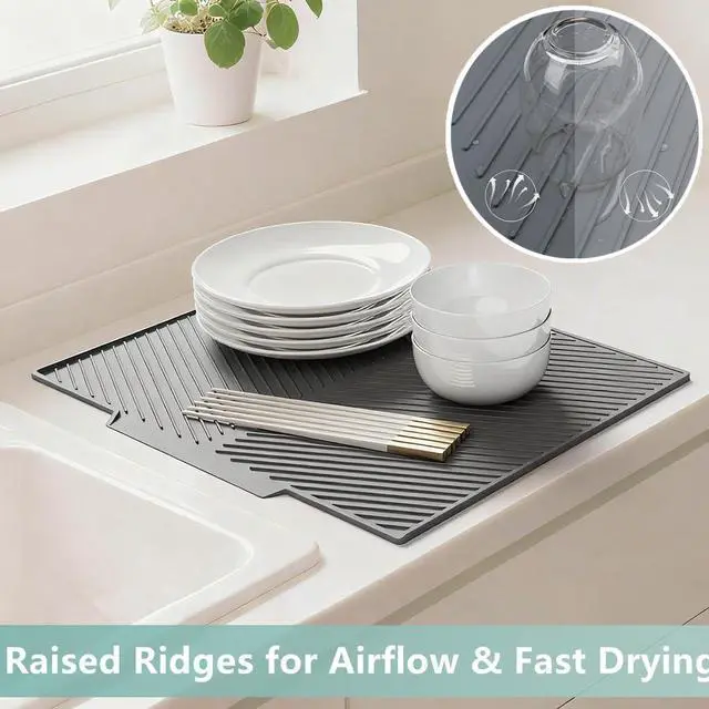 Alt view image 3 of 6 - Dish Drying Mat, Silicone Dish Drying Mat for Kitchen Counter, Dish Drainboard Mat with Built-in Drain, Non-silp, Heat Resistant, Dishwasher Safe (Black, 14.6"x10.3")