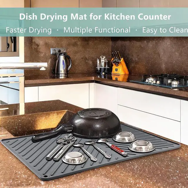 Alt view image 2 of 6 - Dish Drying Mat, Silicone Dish Drying Mat for Kitchen Counter, Dish Drainboard Mat with Built-in Drain, Non-silp, Heat Resistant, Dishwasher Safe (Black, 14.6"x10.3")