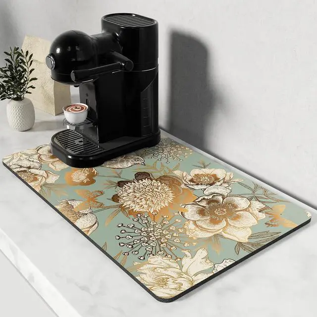 Main image of Rnivvi Coffee Mat, 12" x 19" Cute Coffee Bar Mats for Espresso Machine Station Accessories and Organizer, Hide Stain Rubber Backed Absorbent Dish Drying Pad for Kitchen Counter, Retro Flower