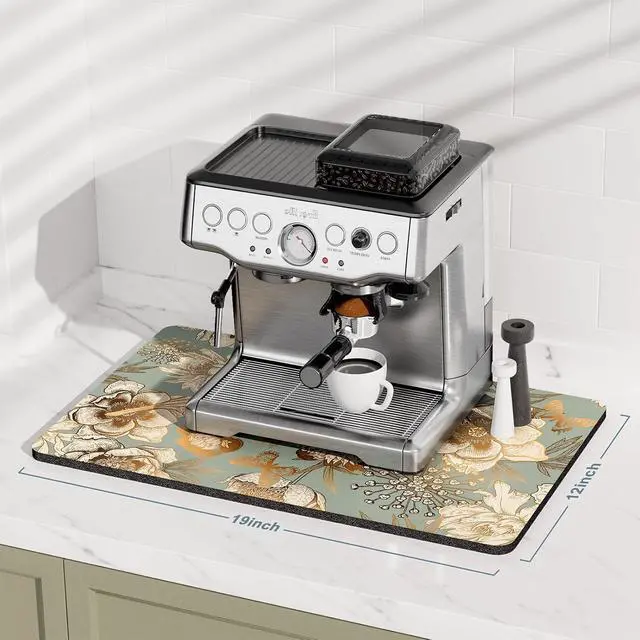Alt view image 2 of 7 - Rnivvi Coffee Mat, 12" x 19" Cute Coffee Bar Mats for Espresso Machine Station Accessories and Organizer, Hide Stain Rubber Backed Absorbent Dish Drying Pad for Kitchen Counter, Retro Flower