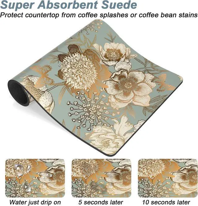 Alt view image 3 of 7 - Rnivvi Coffee Mat, 12" x 19" Cute Coffee Bar Mats for Espresso Machine Station Accessories and Organizer, Hide Stain Rubber Backed Absorbent Dish Drying Pad for Kitchen Counter, Retro Flower