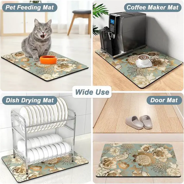 Alt view image 7 of 7 - Rnivvi Coffee Mat, 12" x 19" Cute Coffee Bar Mats for Espresso Machine Station Accessories and Organizer, Hide Stain Rubber Backed Absorbent Dish Drying Pad for Kitchen Counter, Retro Flower