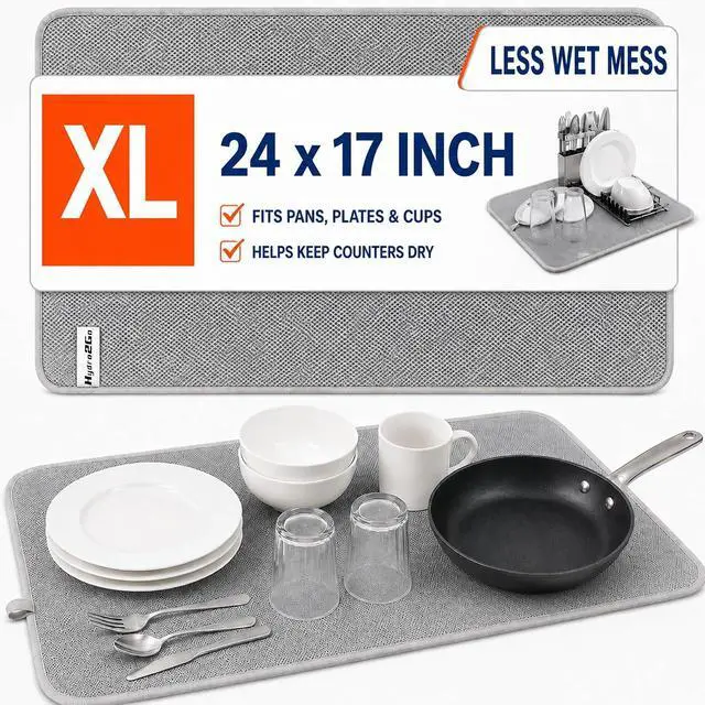 Main image of Dish Drying Mat 24 x 17 in, Large Microfiber Drying Mats, Absorbent Quick Dry Pad for Kitchen Counter, Countertop Protector for Dishes, Pots & Pans, Machine Washable, Gray (1 PCS)