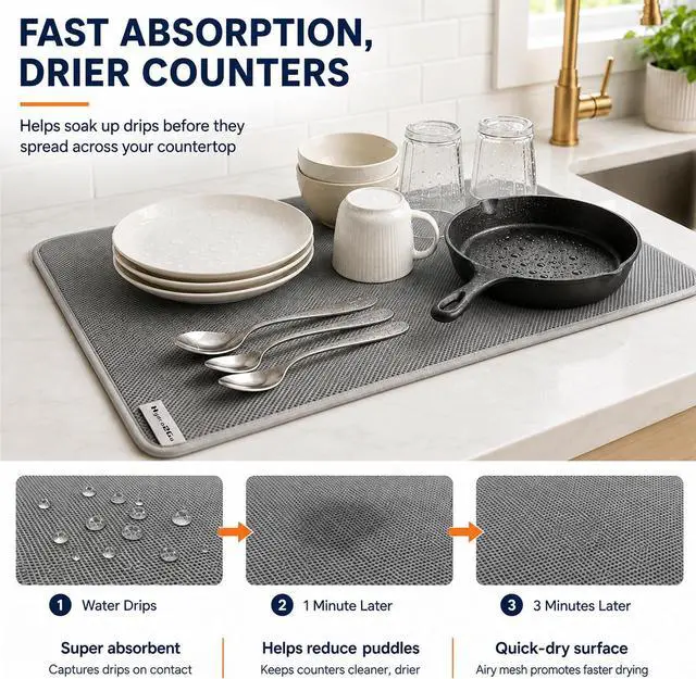 Alt view image 3 of 7 - Dish Drying Mat 24 x 17 in, Large Microfiber Drying Mats, Absorbent Quick Dry Pad for Kitchen Counter, Countertop Protector for Dishes, Pots & Pans, Machine Washable, Gray (1 PCS)