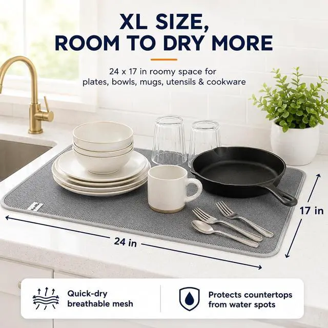 Alt view image 4 of 7 - Dish Drying Mat 24 x 17 in, Large Microfiber Drying Mats, Absorbent Quick Dry Pad for Kitchen Counter, Countertop Protector for Dishes, Pots & Pans, Machine Washable, Gray (1 PCS)