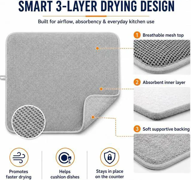 Alt view image 5 of 7 - Dish Drying Mat 24 x 17 in, Large Microfiber Drying Mats, Absorbent Quick Dry Pad for Kitchen Counter, Countertop Protector for Dishes, Pots & Pans, Machine Washable, Gray (1 PCS)