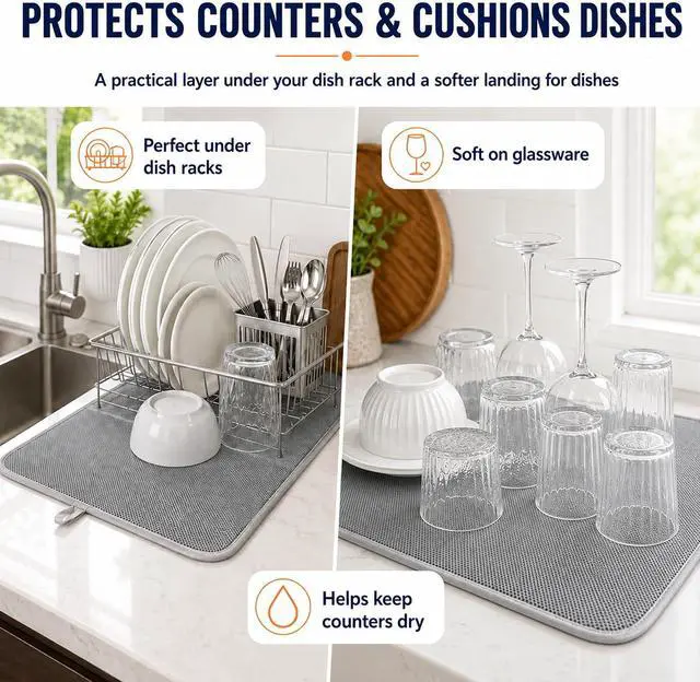 Alt view image 2 of 7 - Dish Drying Mat 24 x 17 in, Large Microfiber Drying Mats, Absorbent Quick Dry Pad for Kitchen Counter, Countertop Protector for Dishes, Pots & Pans, Machine Washable, Gray (1 PCS)