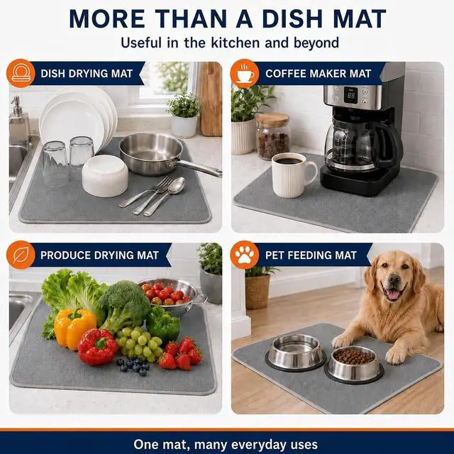 Alt view image 7 of 7 - Dish Drying Mat 24 x 17 in, Large Microfiber Drying Mats, Absorbent Quick Dry Pad for Kitchen Counter, Countertop Protector for Dishes, Pots & Pans, Machine Washable, Gray (1 PCS)