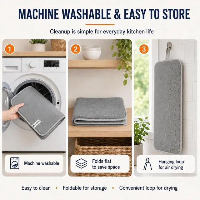 Alt view image 6 of 7 - Dish Drying Mat 24 x 17 in, Large Microfiber Drying Mats, Absorbent Quick Dry Pad for Kitchen Counter, Countertop Protector for Dishes, Pots & Pans, Machine Washable, Gray (1 PCS)