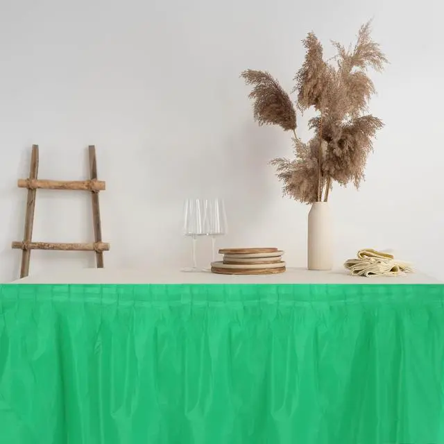 Alt view image 4 of 6 - MECCANIXITY Dark Green Plastic Table Skirts,29 in x 14 Ft Table Covers | Disposable Rectangle Tables Skirts for ,for Birthday Wedding Party